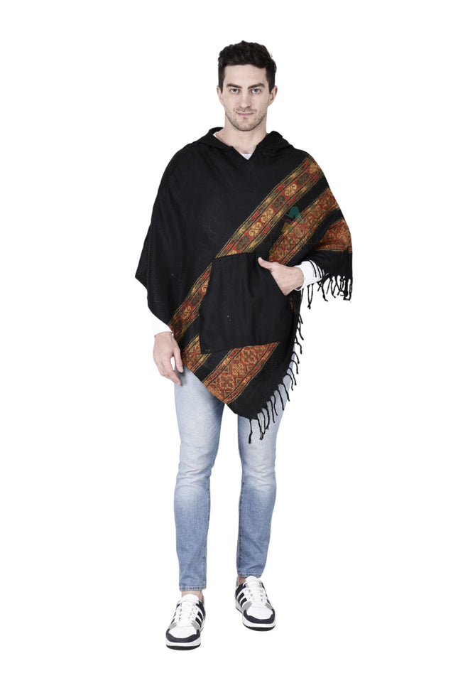 kullu shawl woolen poncho with hood black teen patti