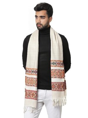 warm muffler Woollen Hand Woven Pure Embroidered white 3 patti