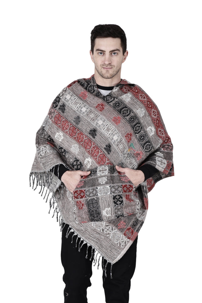 kullu shawl woolen poncho with hood for men grey