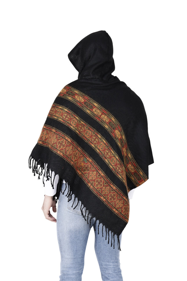 kullu shawl woolen poncho with hood black teen patti
