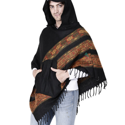 kullu shawl woolen poncho with hood black teen patti