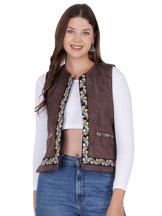 Nehru jacket women with embrodery work coffee
