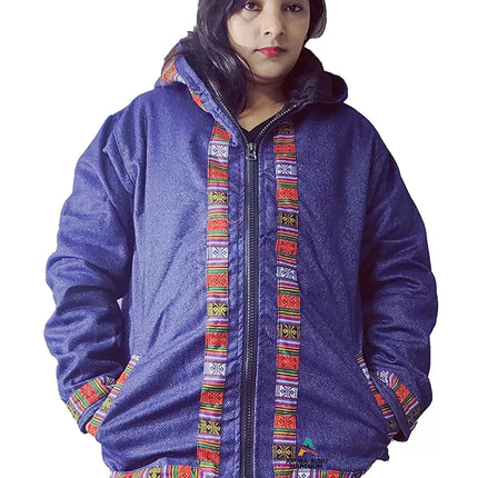 Woolen Winter Wear ZIPPER HOODIE Jacket for MEN & Women WITH KULLU PATTI WORK machikanda blue