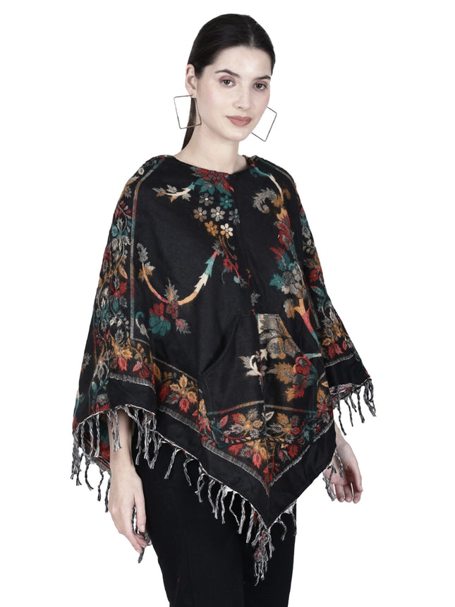 Kashmiri poncho woolen poncho with hood for ladies black
