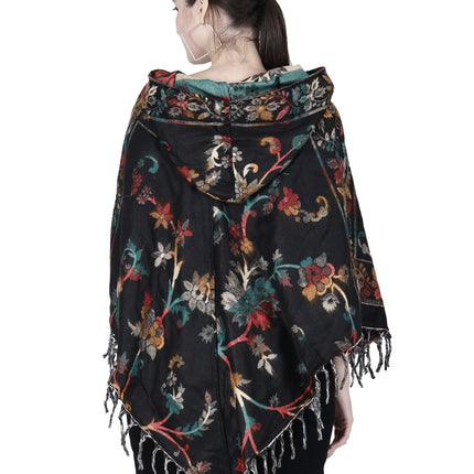 Kashmiri poncho woolen poncho with hood for ladies black