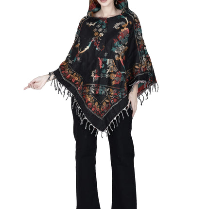 Kashmiri poncho woolen poncho with hood for ladies black