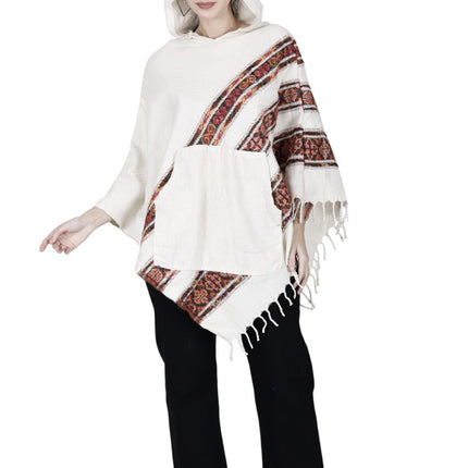 kullu shawl woolen poncho with hood for ladies white 3 patti