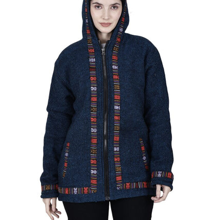 manali hoodies Woolen hoodie Jacket for MEN & Women WITH KULLU PATTI WORK Spanish BLUE