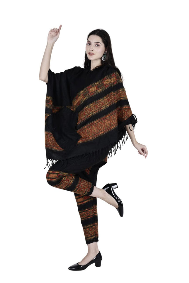 kullu shawl combo poncho and pajama black 3 patti