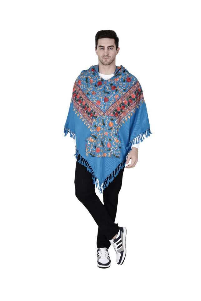 kullu shawl woolen poncho with hood kashmiri blue