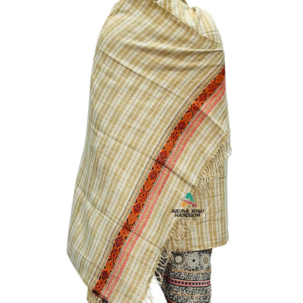 ARUNA Genuine Hand Woven Kullu Wool LOI ( MEN SHAWL )- cream and check cream with kullu patti work