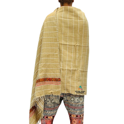 ARUNA Genuine Hand Woven Kullu Wool LOI ( MEN SHAWL )- cream and check cream with kullu patti work